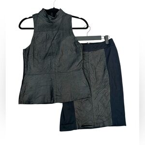 DKNY Black Lamb Nappa Leather & Stretch Knit 2 Pc Skirt Set S Peplum Modernist